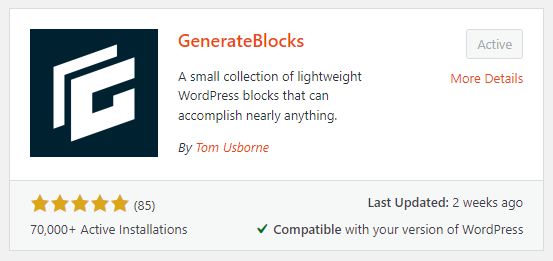 A screenshot of the GenerateBlocks plugin in the WordPress plugin directory