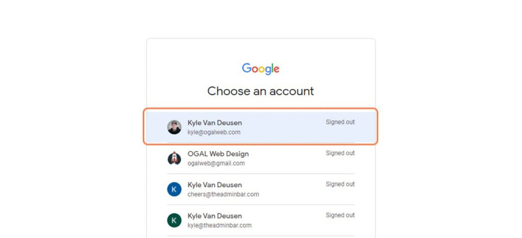 Screenshot of the Google "Choose an Account" screen showing the user's existing Google Accounts