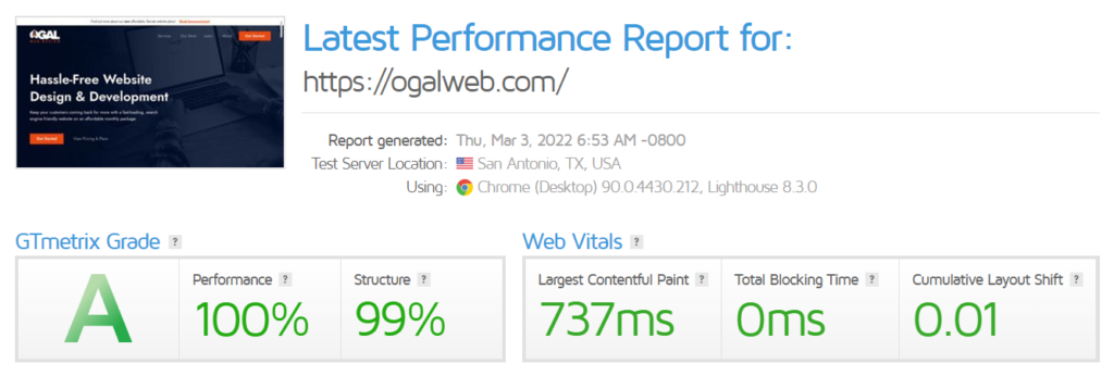 A screenshot of a website performance report showing excellent speeds