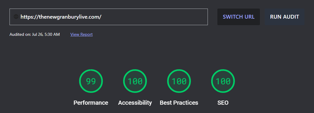 Screenshot of a lighthouse performance test after the rebuild showing a 99 for performance, 100 for accessibility, 100 for best practices, and 100 for SEO.
