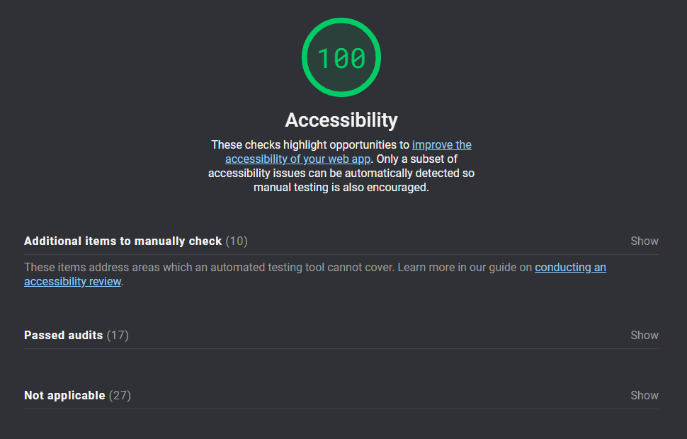 The new website's accessibility score (100%) on lighthouse