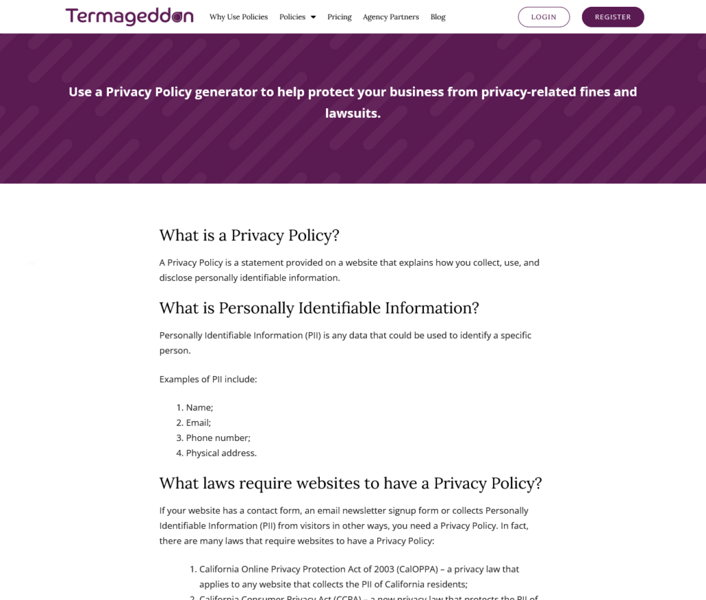 Old privacy policy generator page