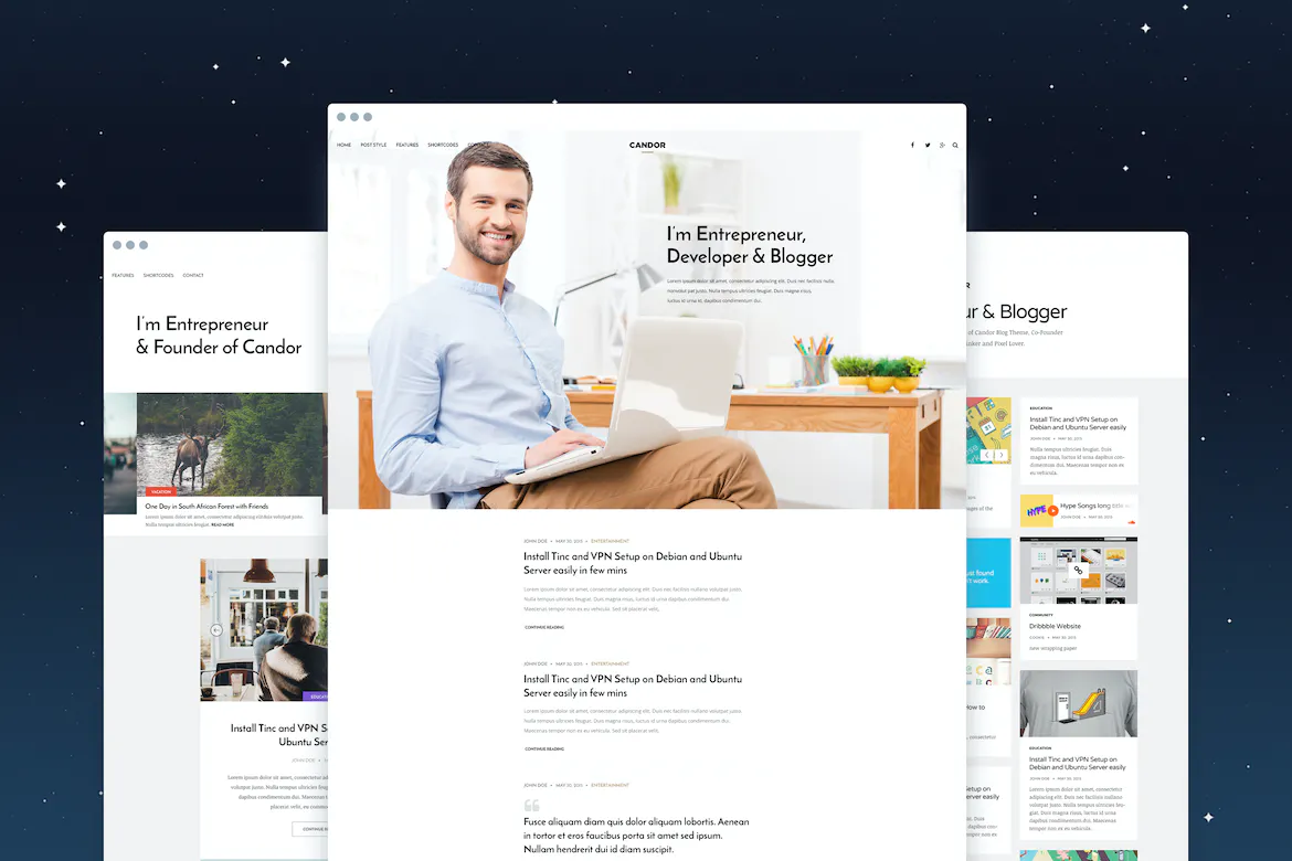 A digital collage showcasing a professional website design. features a smiling man with a laptop, alongside different webpage layouts like a blog, career page, and photo gallery, set against a starry background.