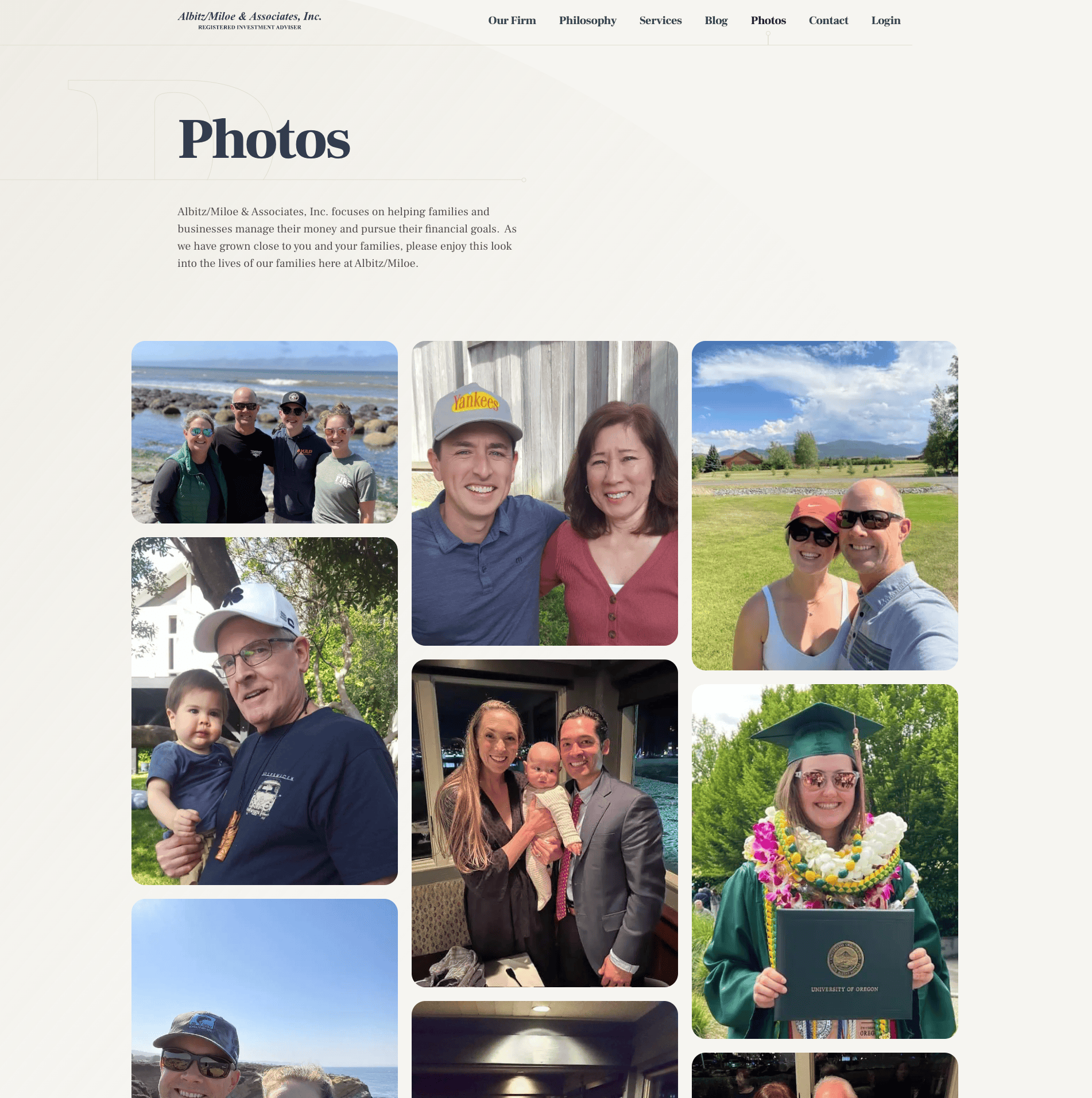 A screenshot of the new Albitz/Miloe website showing their family photos