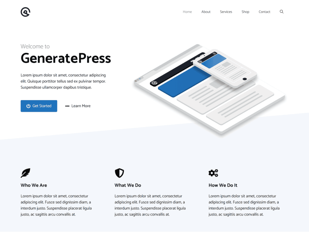 A promotional image showing the look and feel of the GeneratePress theme