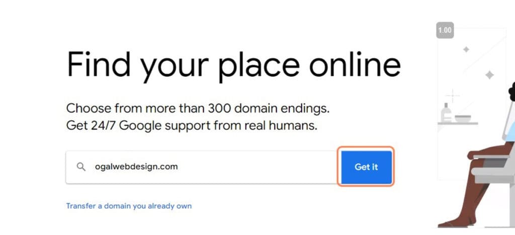 Screenshot of the Google Domains homepage showing a search field with a domain name typed in. The 