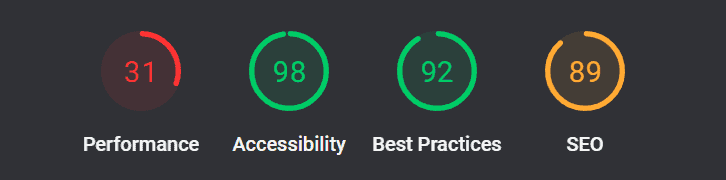 Old website Lighthouse scores showing a 31 for performance, 98 for accessibility, 92 for best practices, and an 89 for SEO.