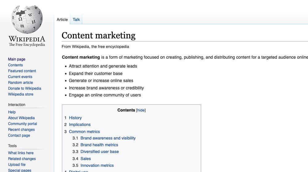 A screenshot of the table of contents on Wikipedia