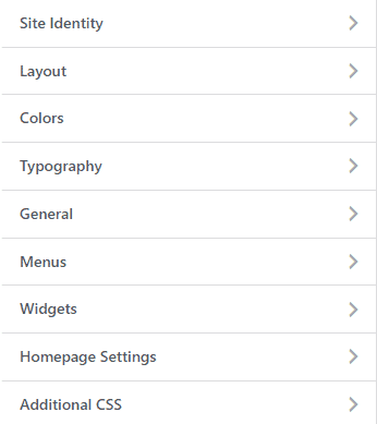 A screenshot of the Customizer settings showing various sections of the site you can configure