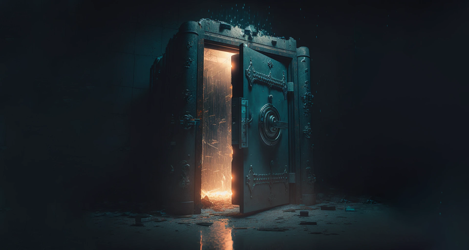 A mysterious, heavy vault door slightly ajar, emitting a bright light from within, surrounded by a dark, dusty environment, creating an eerie and suspenseful atmosphere.