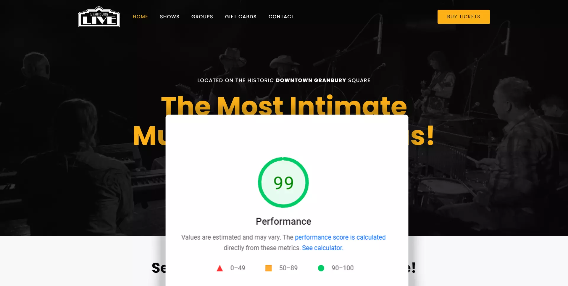 Granbury Live website with a performance score of 99%