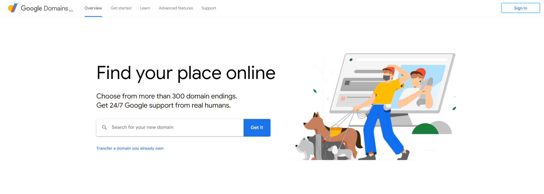 Screenshot of the Google Domains homepage featuring a header "how to buy a domain" and an illustration of two people working on a computer, with a dog next to them.