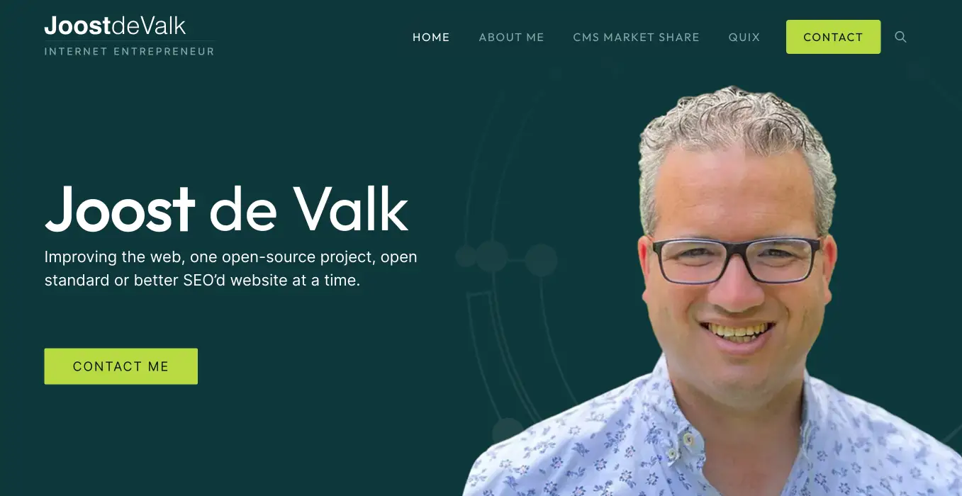 Website banner featuring a smiling man named joost de valk with a short description about his work in improving web standards and seo, set against a blurred green background.