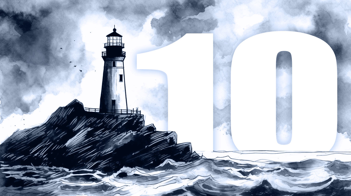 Monochrome illustration of a towering lighthouse on rocky terrain beside the ocean, with large, bold numerals 