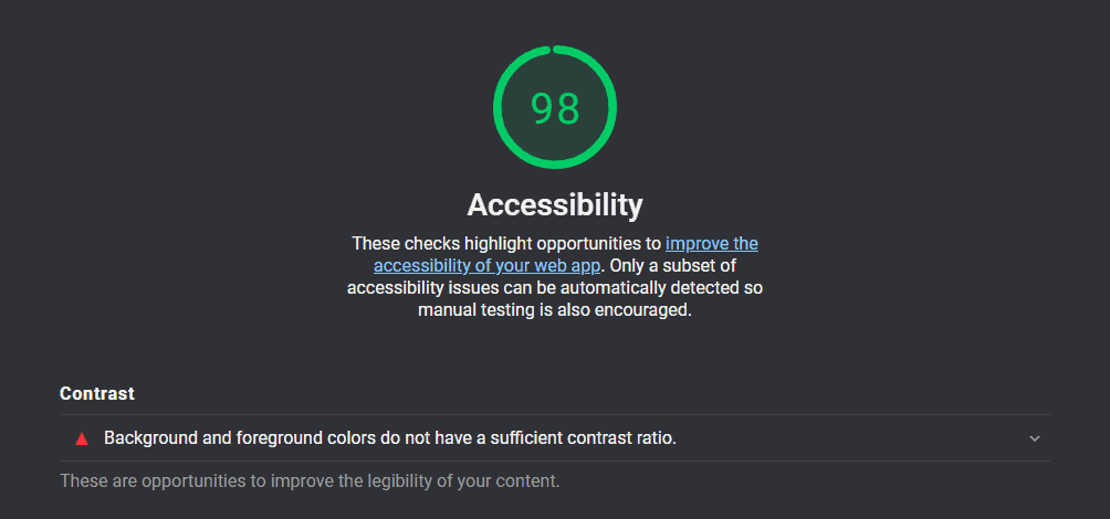 The old website's accessibility score of 98%.
