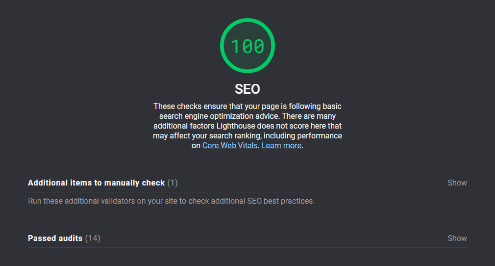 New website's SEO score of 100%.