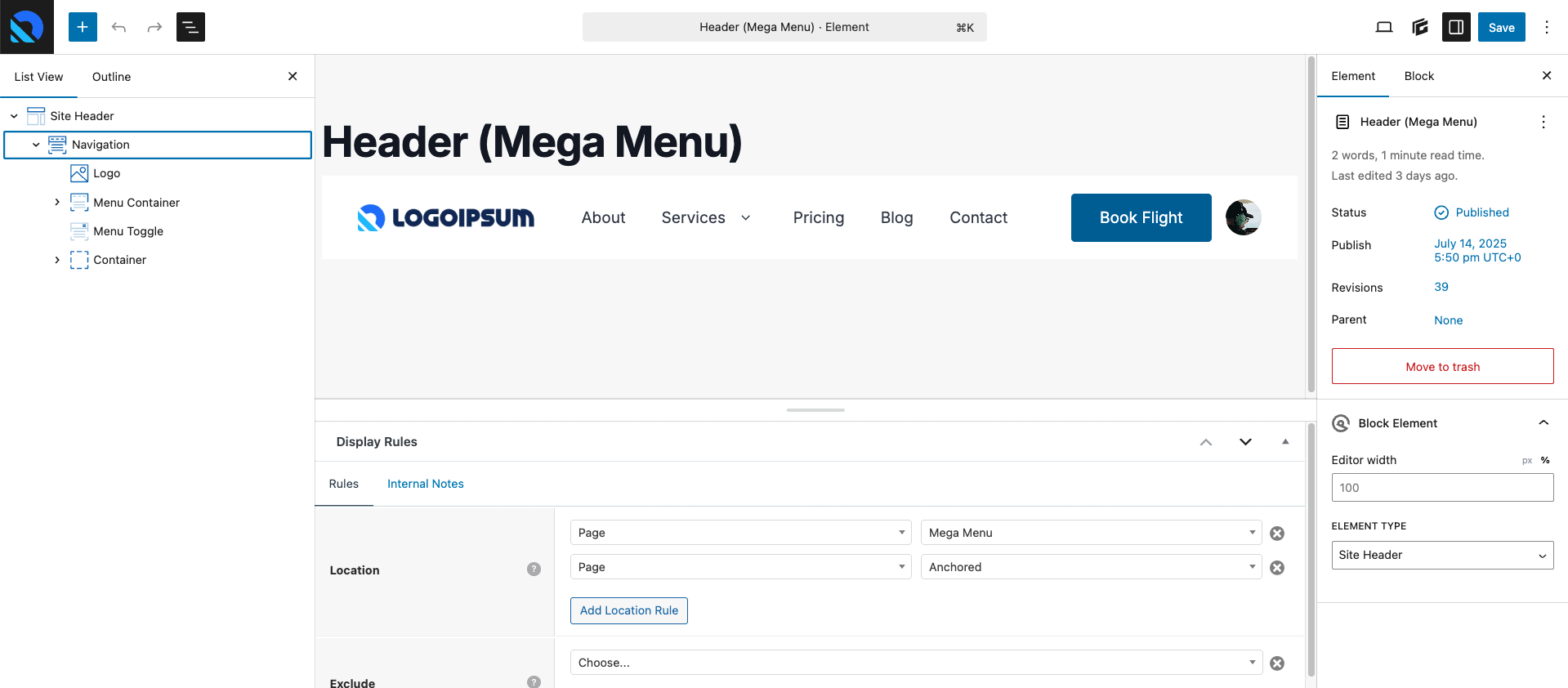 CleanShot 2025-07-21 at 09.22.17 A screenshot of the GeneratePress "Elements" header builder