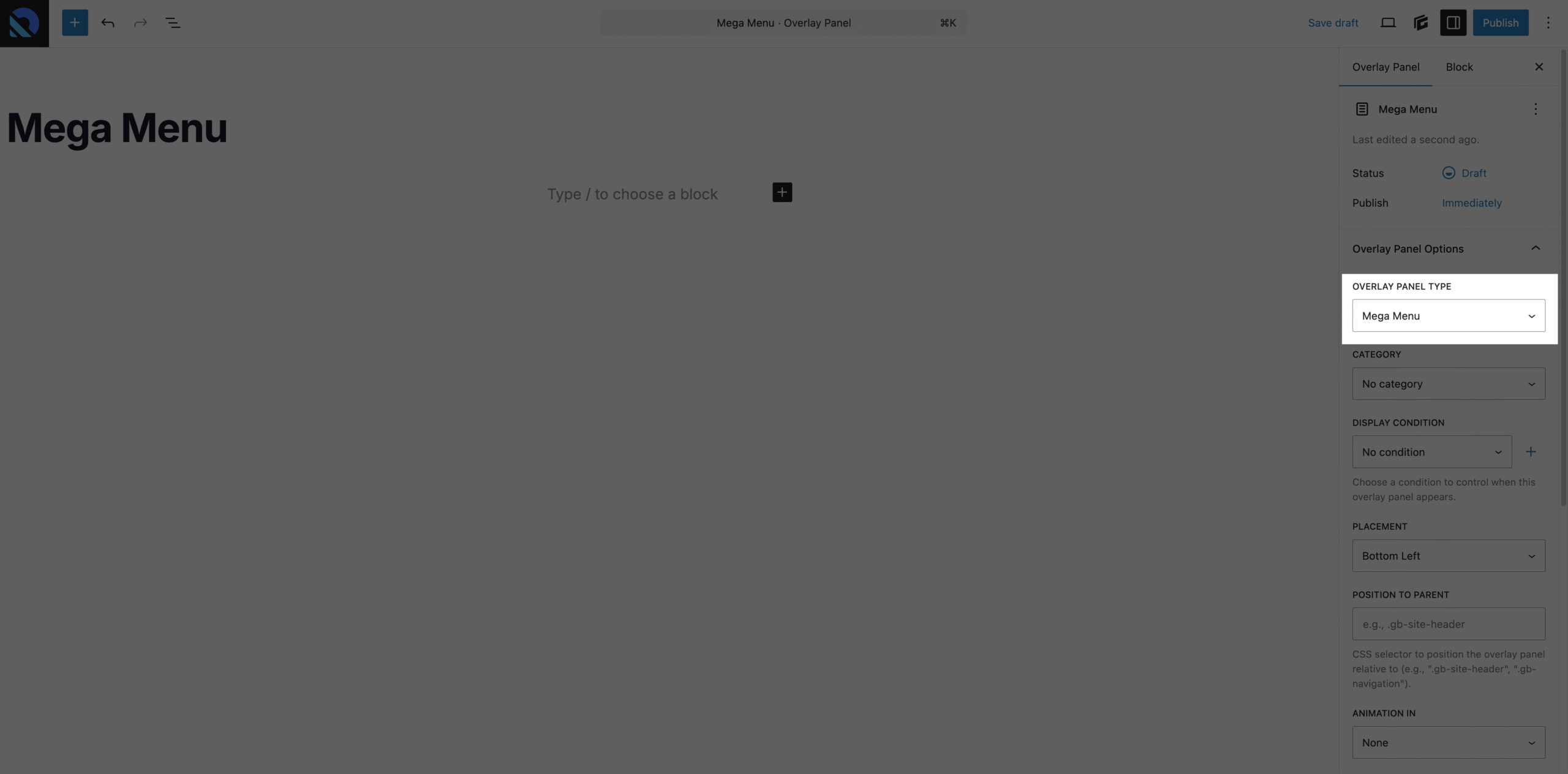 GenerateBlocks - Overlay Panel - Mega Menu Panel Type A screenshot of the Overlay Panel builder with the Overlay Panel Type set to mega menu (highlighted)