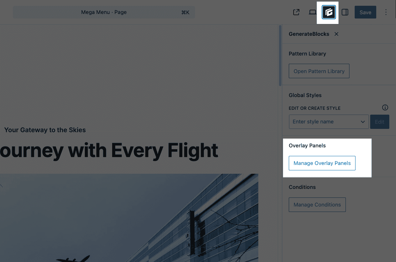 manage overlays A screenshot of the WordPress block editor with the options to open your overlay panels