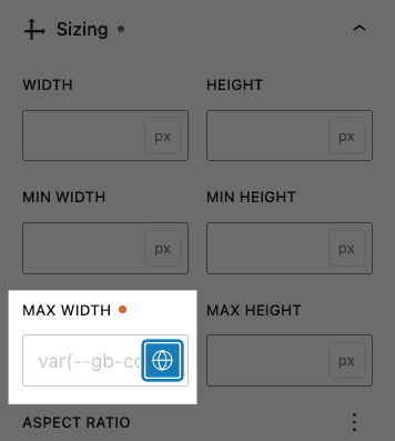 maxwidth A screenshot of the "Sizing" panel with the Global Content Width selected