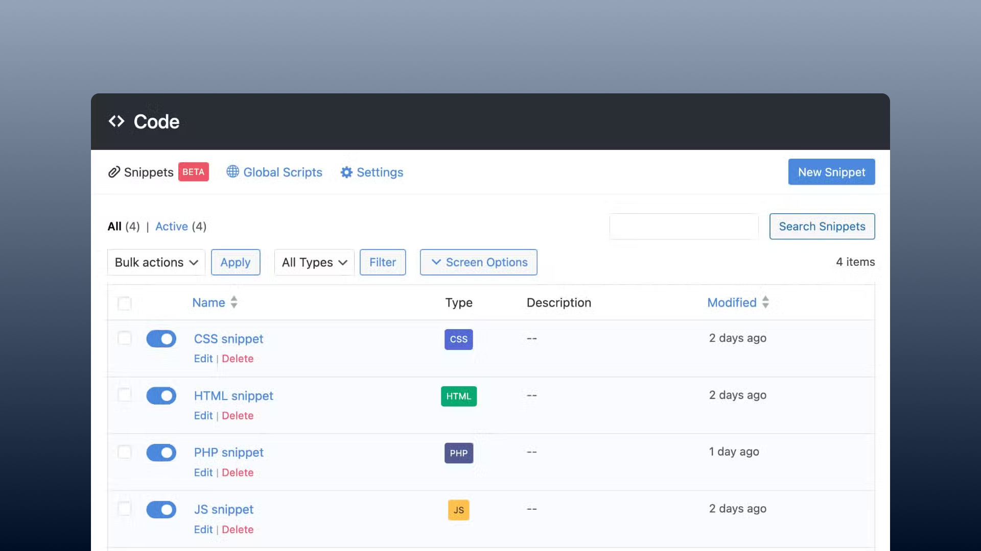 Code snippets interface with various programming languages