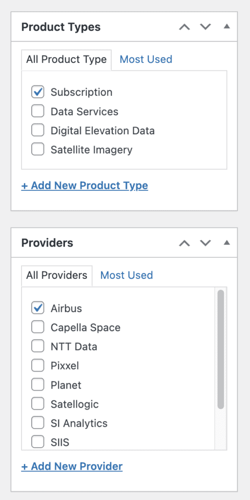 Product and provider filter panel with checkboxes