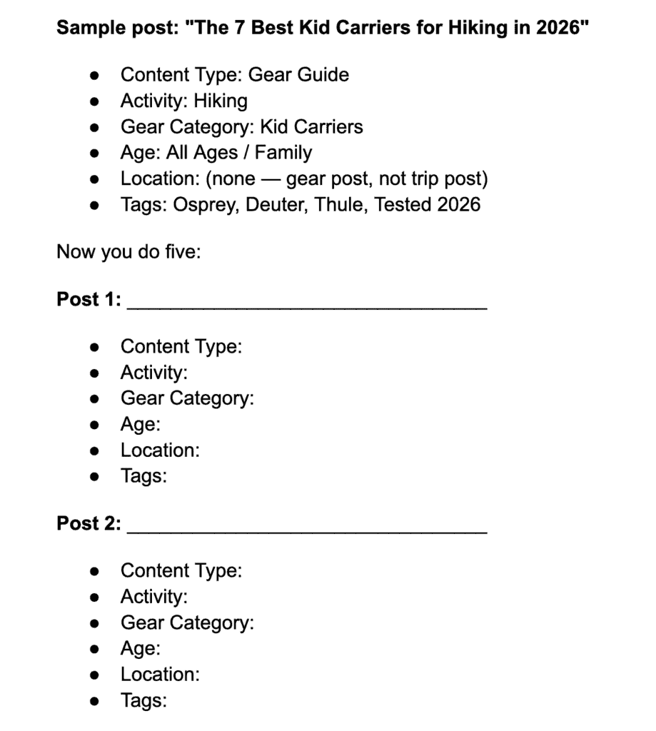 Template for hiking gear blog post ideas