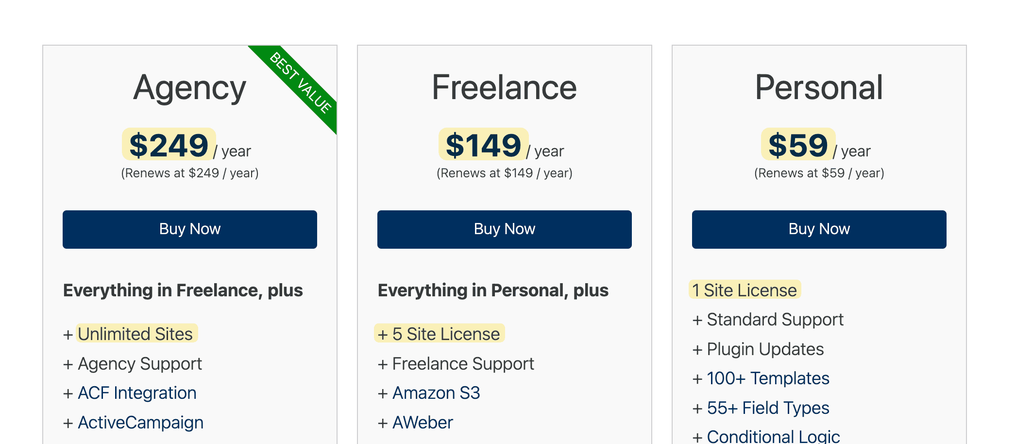 Pricing table with Agency, Freelance, Personal plans