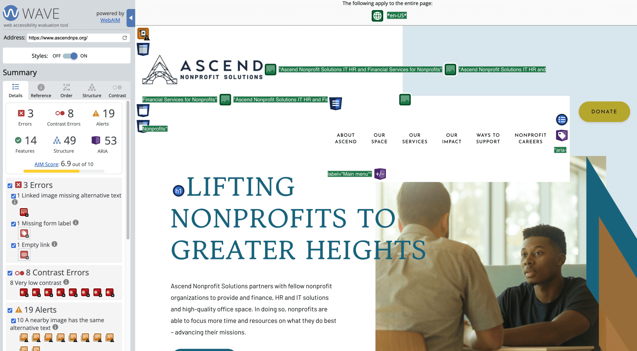WAVE accessibility report overlay on Ascend nonprofit website