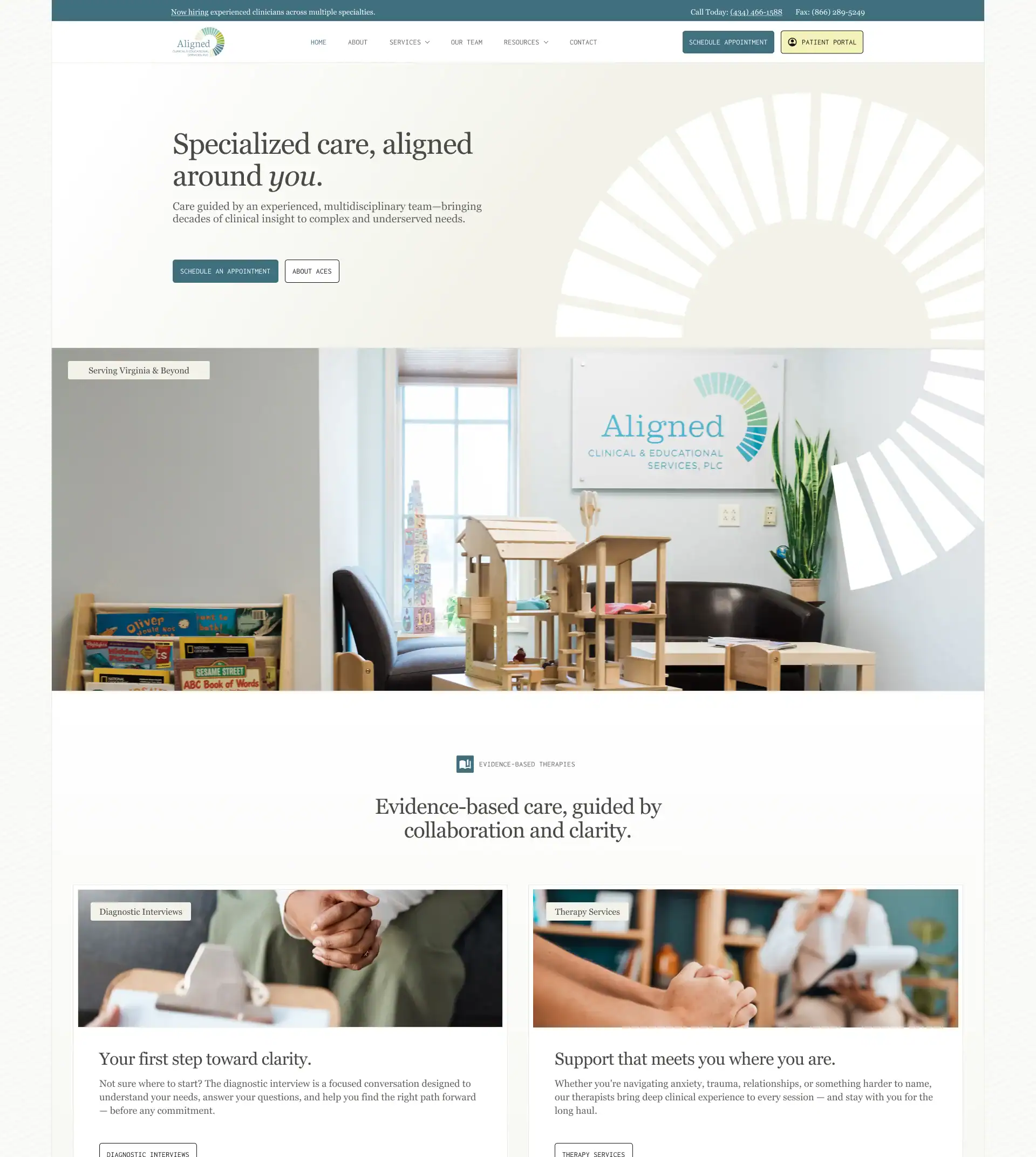 Aligned Clinical Services website featuring a child-friendly therapy office