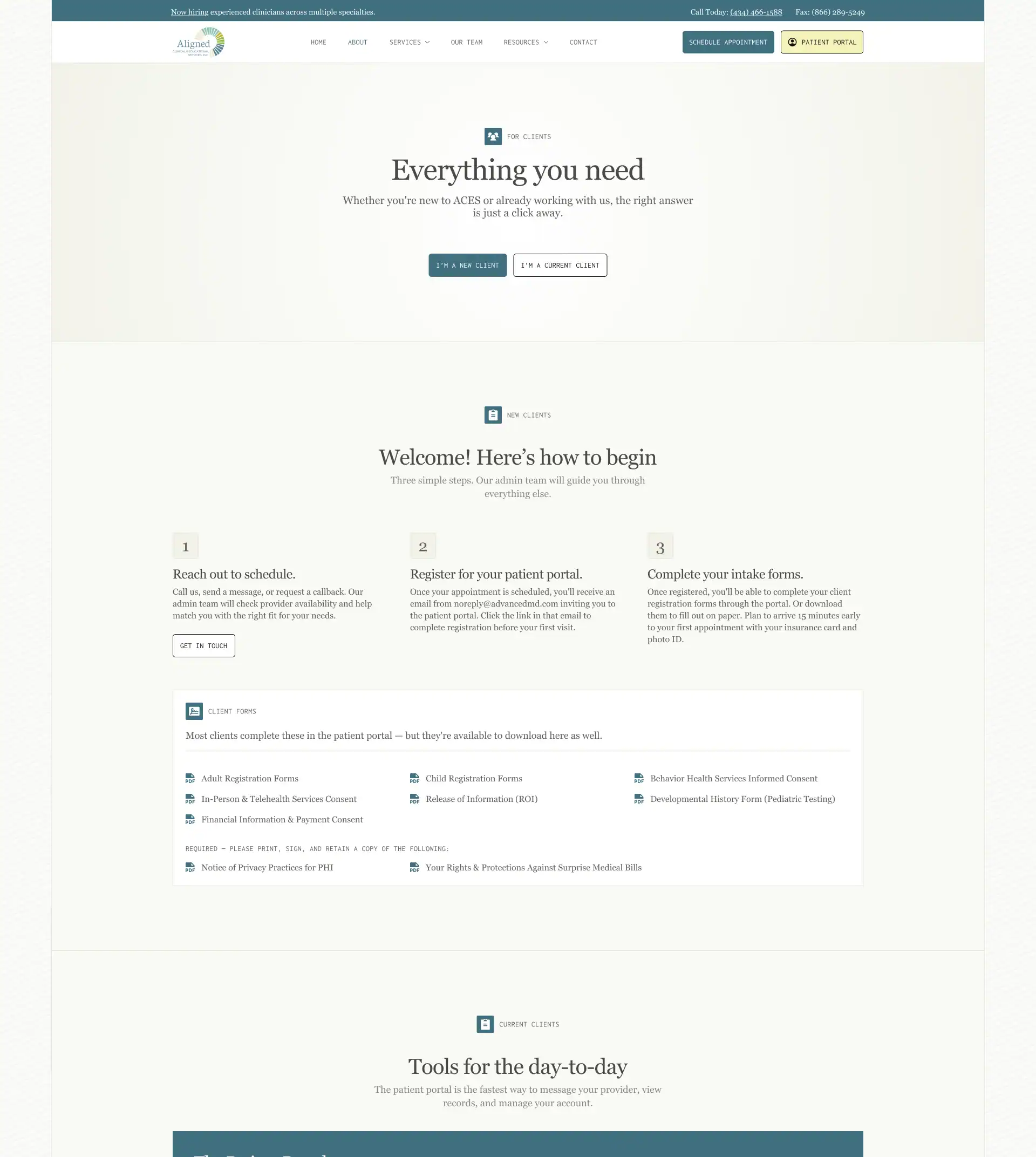 ACES client resources page with forms and portal links
