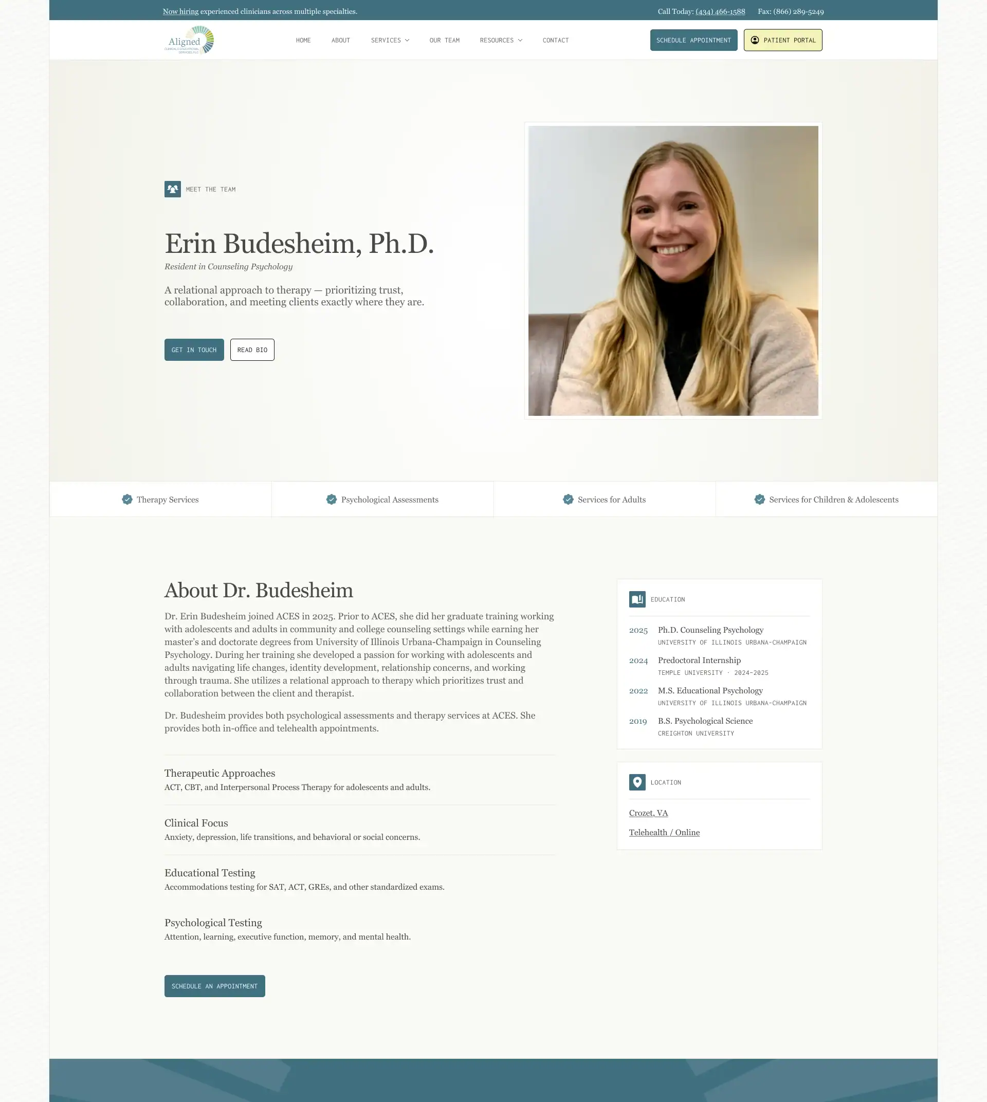 Profile page for counseling psychologist Erin Budesheim, Ph.D.
