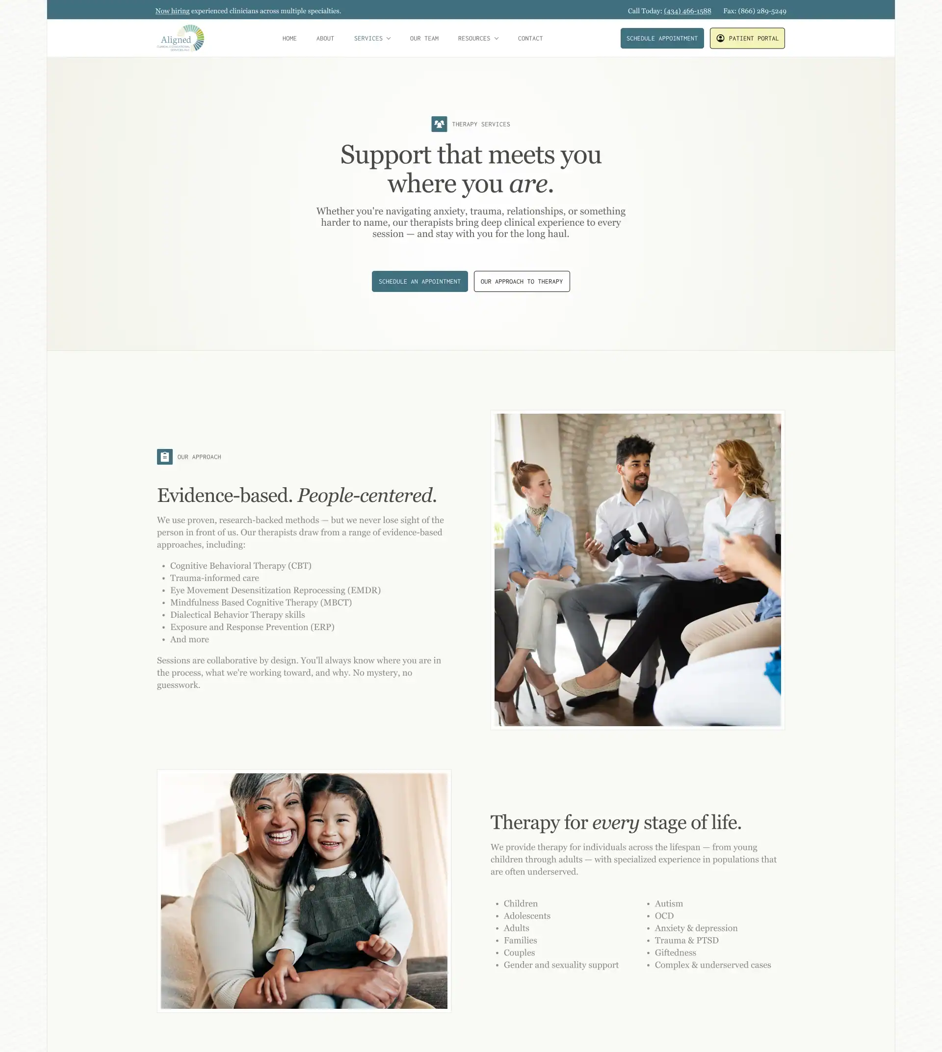 Therapy services webpage with counseling group and family photos