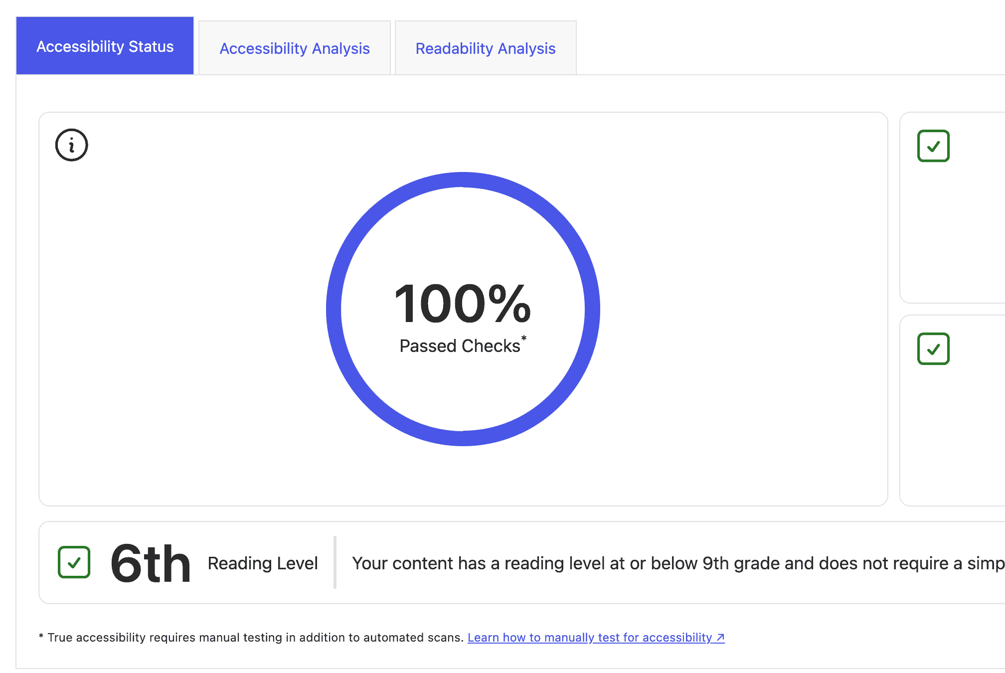 Accessibility dashboard shows 100% passed checks and sixth-grade reading level.